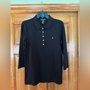 Lauren Ralph Lauren Black 3/4 Sleeve Polo Top with Gold Buttons
